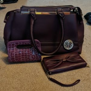 Purple purse with wallet and beauty case